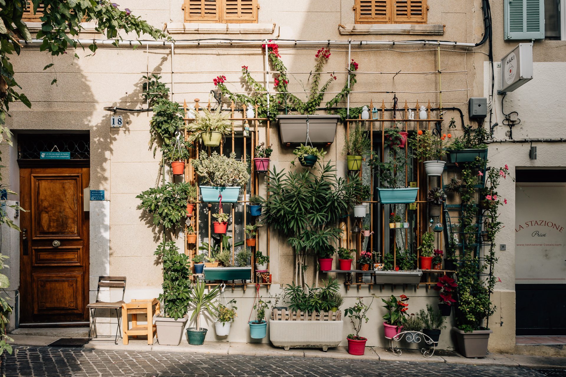 façade de maison remplie de pots de plantes et de fleurs dans une rue provençale de Cassis