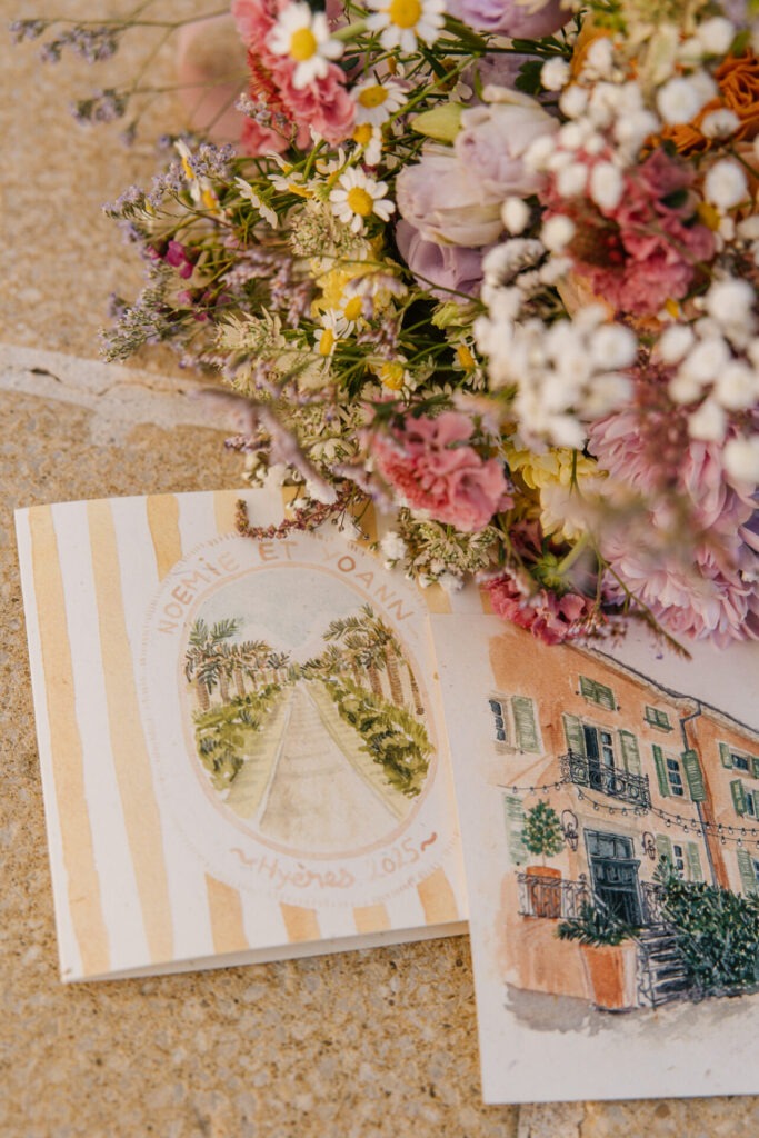 Bouquet et papeterie de mariage au Château des Anglades